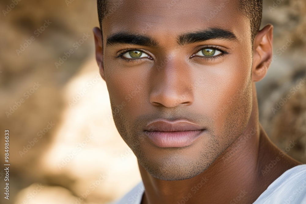 The portrait captures a young man with green eyes and a strong jawline, surrounded by warm, natural light and rocky textures The portrait captures a young man with green eyes and a strong jawline, surrounded by warm, natural light and rocky textures