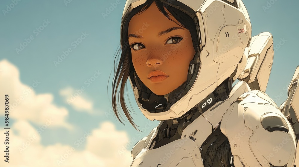 A young woman in sleek, modern space armor. A young woman in sleek, modern space armor.