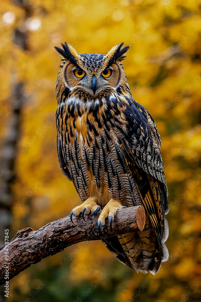 Eagle owl perched on a branch.