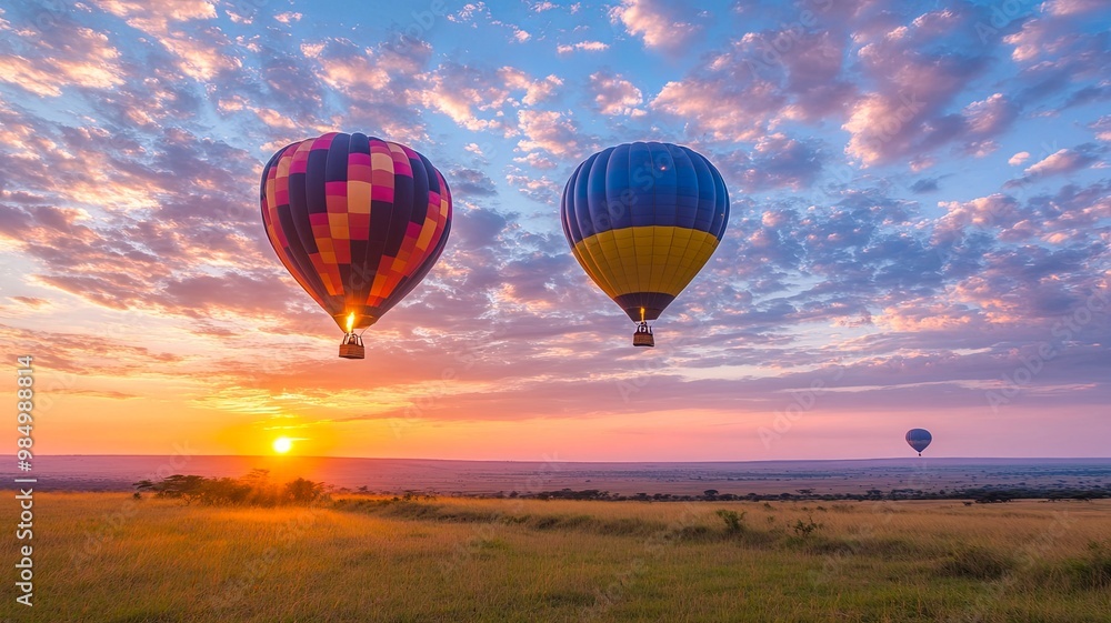 Obraz premium Air balloons during sunrise above Masai Mara in Kenya.