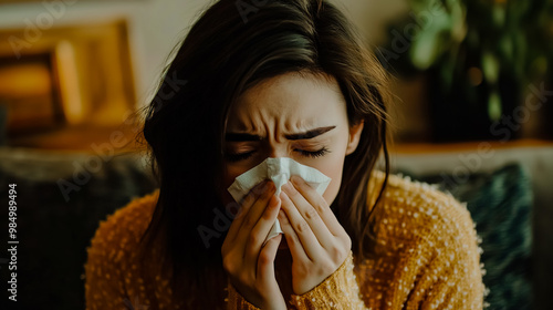 Woman sneezing while holding a Kleenex to her nose.