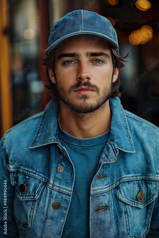 A young trendy man wearing a cap with striking blue eyes, gazing directly at the camera in a casual setting during daylight A young trendy man wearing a cap with striking blue eyes, gazing directly at the camera in a casual setting during daylight