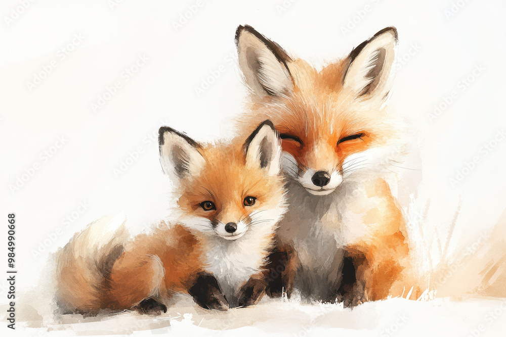 A cute fox cub and its mother, the baby is playing with his tail while looking at you, both smiling happily. A cute fox cub and its mother, the baby is playing with his tail while looking at you, both smiling happily.