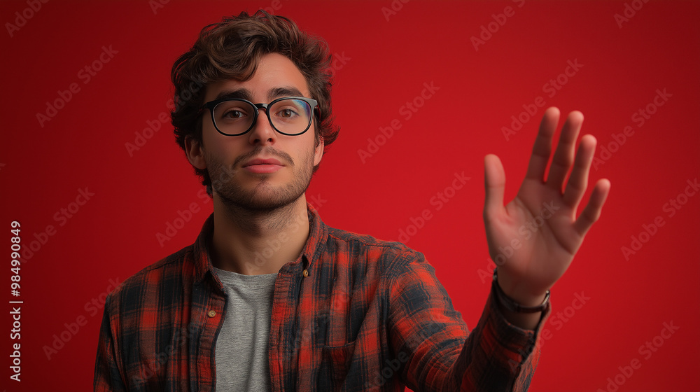 on the right side male student on a single colour background raching his hand. fisheye on the right side male student on a single colour background raching his hand. fisheye