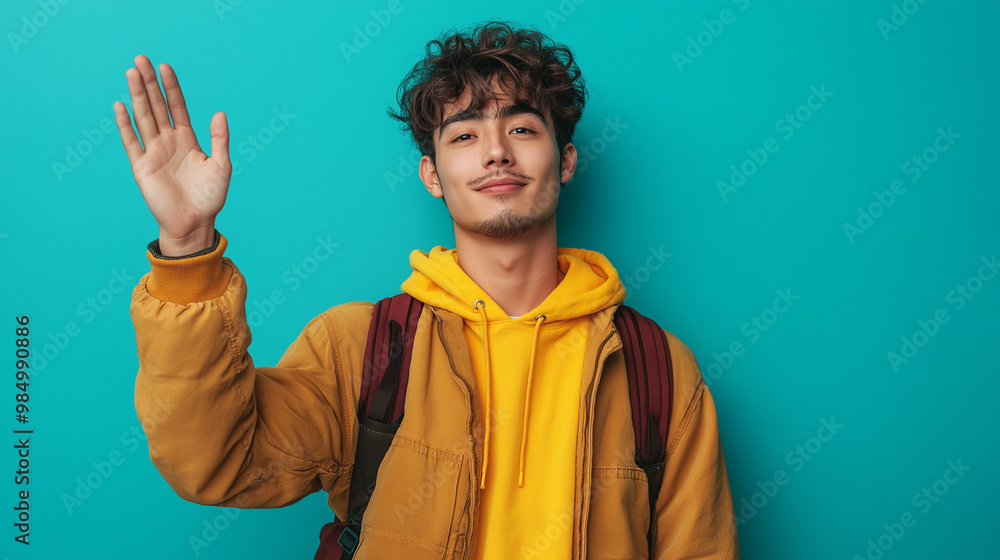 on the right side male student on a single colour background raching his hand. fisheye on the right side male student on a single colour background raching his hand. fisheye