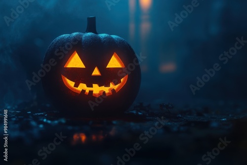 Halloween pumpkin head light glowing in the dark, foggy background with space for text or design Dark Halloween scene with copy space Generative AI