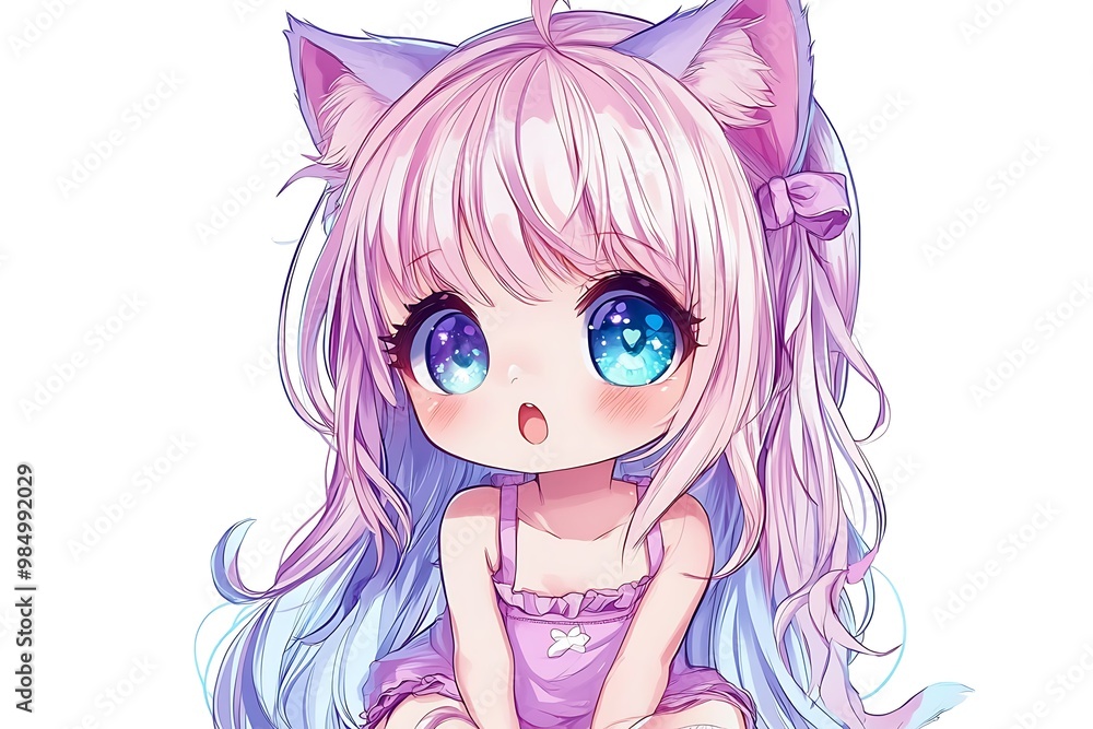 Cute anime girl with pink and blue hair and cat ears Cute anime girl with pink and blue hair and cat ears