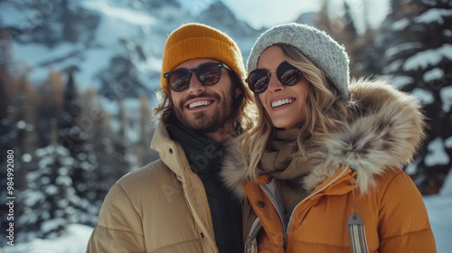 A happy couple in winter clothing enjoys a sunny day in the snowy mountains, surrounded by scenic landscape.