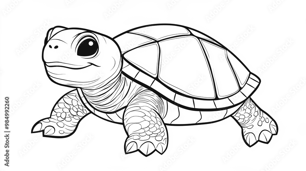Fototapeta premium A small turtle with a big shell, smiling and slowly moving along, designed as a children's coloring book illustration.