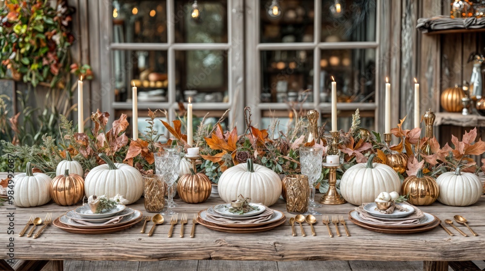 Rustic fall table with white pumpkins, candles, and autumn leaves, elegant outdoor dining