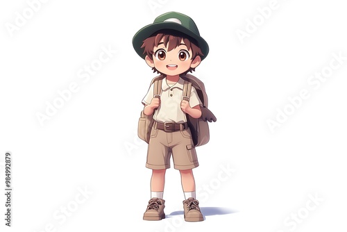 Cute Cartoon Boy in Scout Uniform with Backpack and Hat on White Background