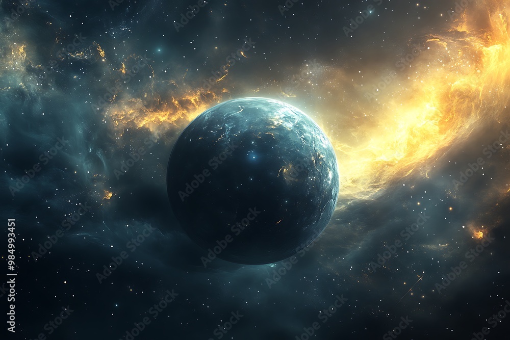 Abstract Blue Planet in Nebula Space Background Abstract Blue Planet in Nebula Space Background