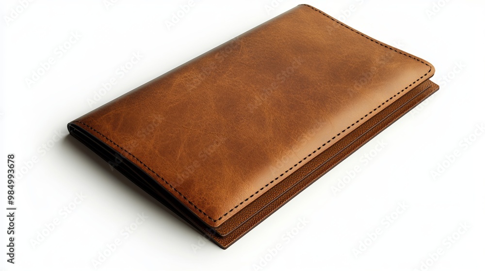 A mockup of a brown leather bill folder, isolated against a white background, designed for restaurant check presentations in 3D rendering A mockup of a brown leather bill folder, isolated against a white background, designed for restaurant check presentations in 3D rendering