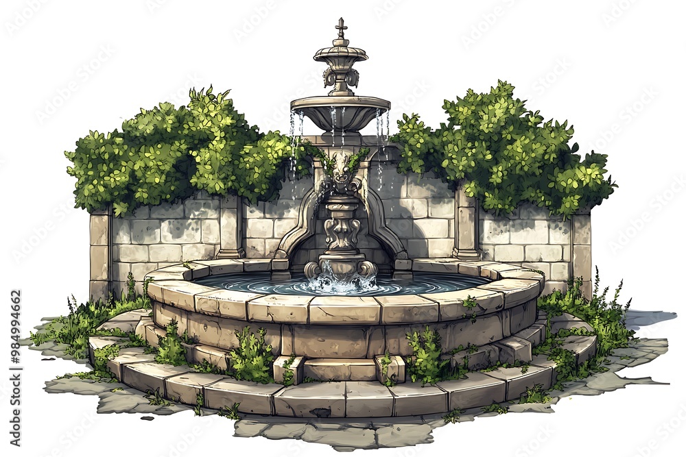 Fototapeta premium Stone Fountain with Green Bushes and Wall for Garden or Park Design