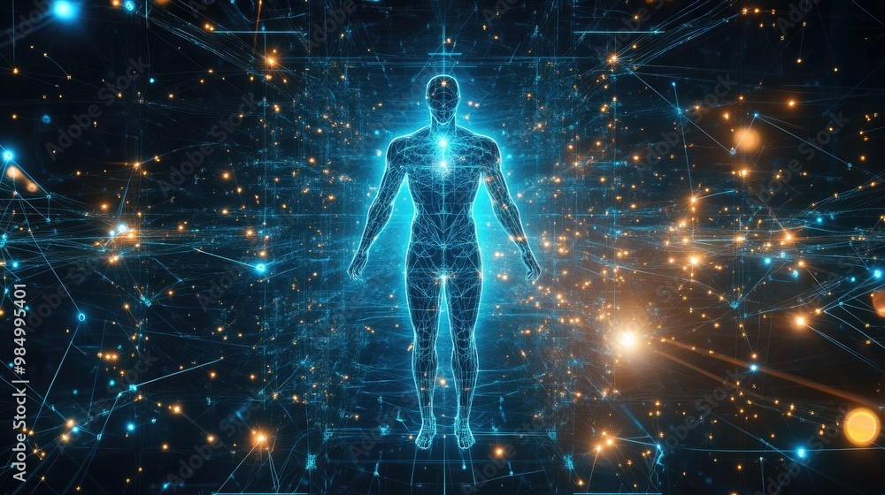 A glowing digital human figure stands within a network of interconnected lines and dots, representing the concept of connectivity and digital transformation. A glowing digital human figure stands within a network of interconnected lines and dots, representing the concept of connectivity and digital transformation.