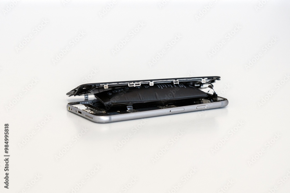 Phone with a swollen battery against a white background Phone with a swollen battery against a white background