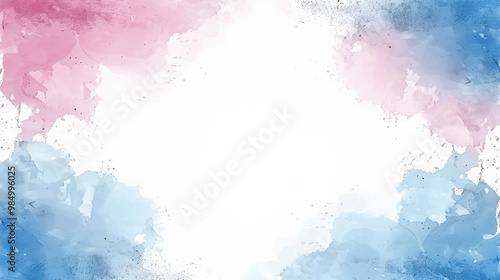 Delicate background with white empty space in the center and watercolor-like blue and pink cloudy painting in the corners