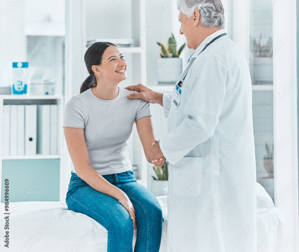 Fototapeta premium Happy, woman and doctor in hospital, healthcare and greeting of patient, smile and gynecologist. Office, talking and diagnosis in clinic, treatment and advice for contraception and obstetrician