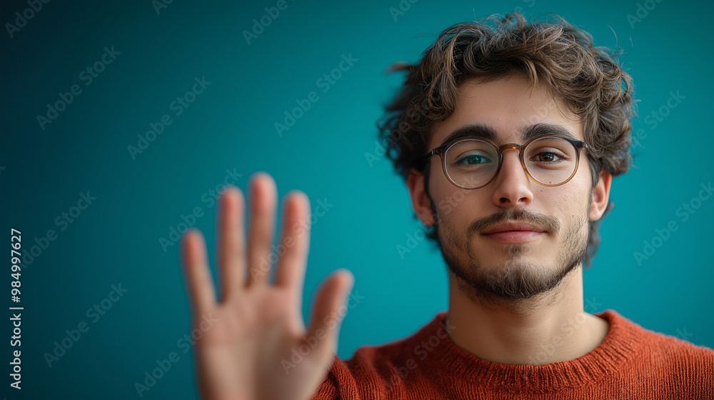 on the right side male student on a single colour background raching his hand. fisheye on the right side male student on a single colour background raching his hand. fisheye