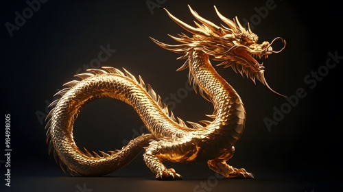 Innovative 3D Model of a Golden Chinese Dragon Statue Isolated on White for Modern Artistic Displays photo