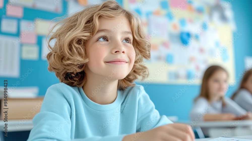 A young boy sitting at a desk with other children in the background, AI A young boy sitting at a desk with other children in the background, AI
