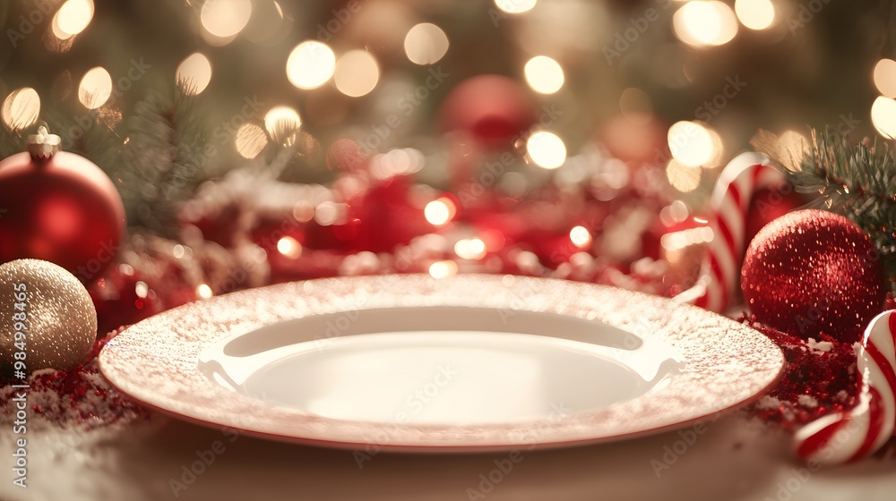 Christmas Banner with Dinner Table Setting, Empty Plate, Cutlery, Christmas Toys, and Fir Tree for a Festive Winter Holiday Background Christmas Banner with Dinner Table Setting, Empty Plate, Cutlery, Christmas Toys, and Fir Tree for a Festive Winter Holiday Background
