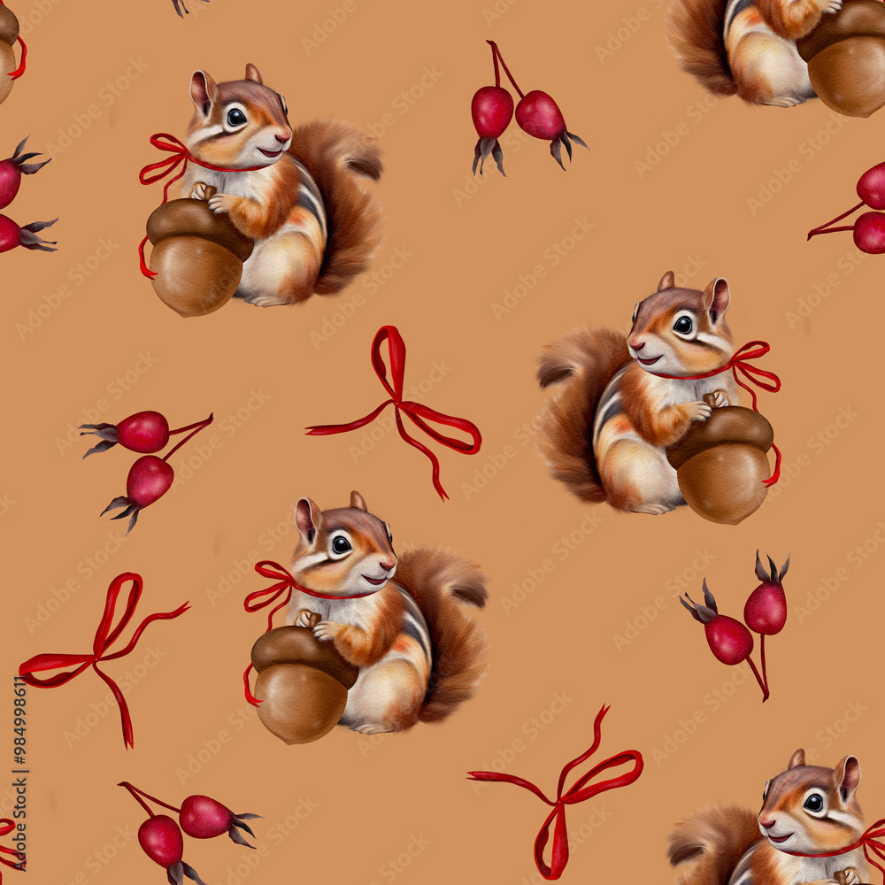 Seamless Autumn Woodland Pattern with Mushrooms, Squirrels, Chipmunks, Acorns, Bows, and Fall Leaves – Perfect for Seasonal Designs, Nature-Inspired Decor, Textiles, Wallpapers, and Rustic Autumnal Pr Seamless Autumn Woodland Pattern with Mushrooms, Squirrels, Chipmunks, Acorns, Bows, and Fall Leaves – Perfect for Seasonal Designs, Nature-Inspired Decor, Textiles, Wallpapers, and Rustic Autumnal Pr