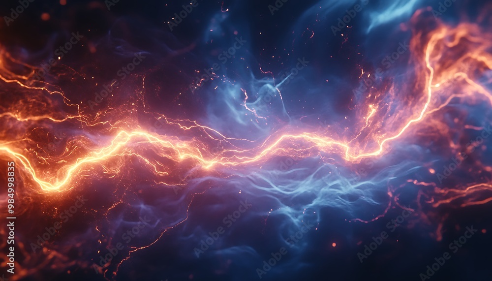 Abstract digital art of blue and orange lightning in a dark background Abstract digital art of blue and orange lightning in a dark background