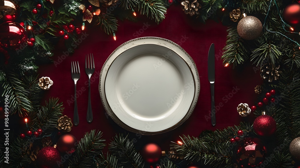 Christmas Banner with Dinner Table Setting, Empty Plate, Cutlery, Christmas Toys, and Fir Tree for a Festive Winter Holiday Background Christmas Banner with Dinner Table Setting, Empty Plate, Cutlery, Christmas Toys, and Fir Tree for a Festive Winter Holiday Background