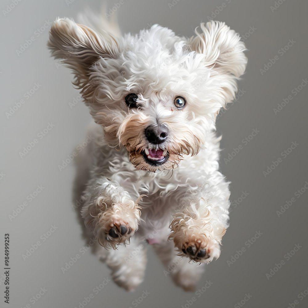 Fluffy Dog Flying Through the Air Looking at the Camera Fun and Playful Pet Moment Fluffy Dog Flying Through the Air Looking at the Camera Fun and Playful Pet Moment
