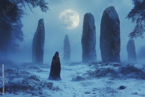 Figure in a dark cloak walking towards ancient stone monoliths in a snowy landscape under a full moon. Pagan New Year and winter solstice celebration concept. photo