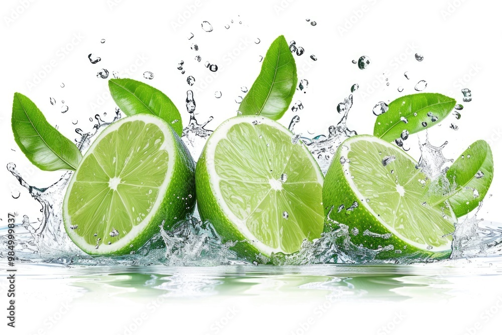 Cutted lime with leaves in water splashes isolated on white background. Cutted lime with leaves in water splashes isolated on white background.