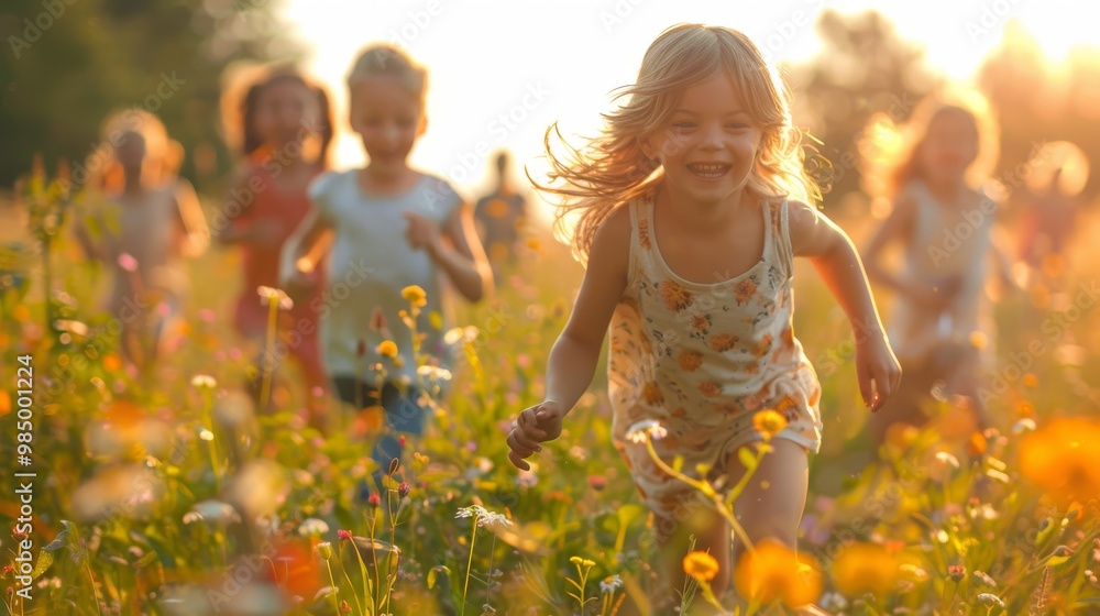 children running joyfully through a lush green meadow children running joyfully through a lush green meadow