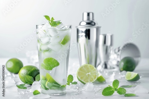 Shaker  measure cup and glass of tasty mojito on white background  mojito  mojito