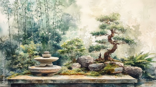 A tranquil Japanese zen garden with bamboo, bonsai trees, and ferns enveloped in a soothing watercolor landscape. Generative AI