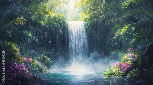 Explore the tranquil jungle waterfall retreat with lush tropical plants and vibrant flowering vines amidst serene misty surroundings. Generative AI