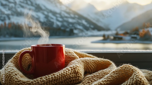 A warm red mug emits steam, resting on a snug knitted blanket alongside a window with a breathtaking snow-covered mountain backdrop