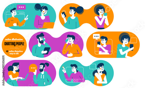 People - illustrations in various activities of online communication, chatting. A series of cartoon people talking on cell phones. The people are in different positions and colors.