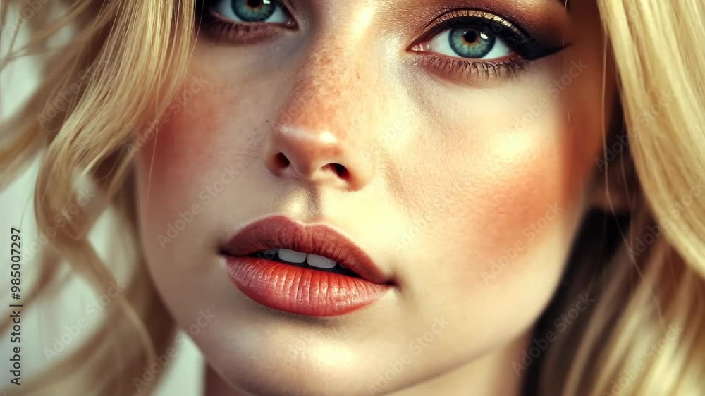 Close-up of a young woman with freckles showcasing natural beauty and vibrant makeup in a soft light setting Close-up of a young woman with freckles showcasing natural beauty and vibrant makeup in a soft light setting