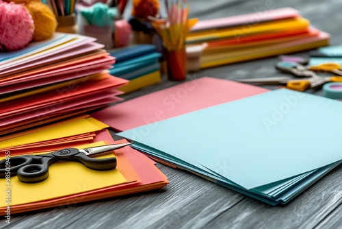 A crafterâ€™s desk filled with colorful paper, scissors, and glue, ready for a fun day of card making photo