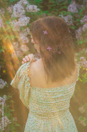woman in the garden, flowers in hair