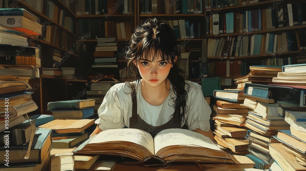 A solitary figure in a tranquil library engrossed in thought, surrounded by towering stacks of books, lost in an open book's secrets. Generative AI A solitary figure in a tranquil library engrossed in thought, surrounded by towering stacks of books, lost in an open book's secrets. Generative AI