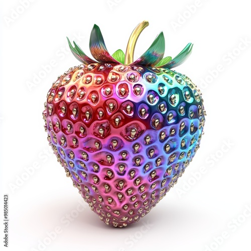 A stunning strawberry sculpture adorned with jewels, showcasing a blend of vibrant colors and intricate details, rests against a plain backdrop