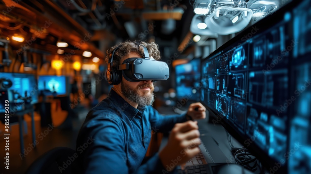 Engineers explore the future of virtual reality in a cutting-edge lab, developing next-generation immersive experiences. Generative AI Engineers explore the future of virtual reality in a cutting-edge lab, developing next-generation immersive experiences. Generative AI