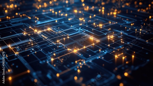 Abstract digital network with glowing nodes and lines.