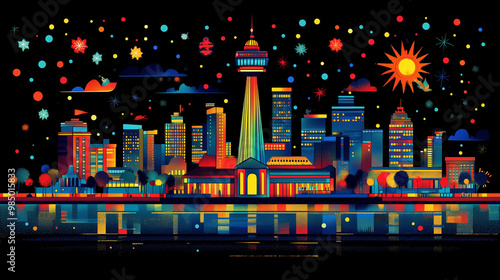 Colorful Skyline of San Antonio Featuring Vibrant Lights and Reflections During Nighttime