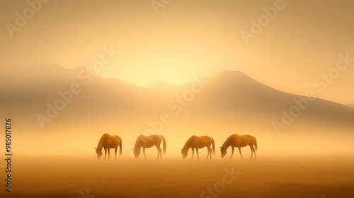 A group of horses grazing in a field with mountains in the background.