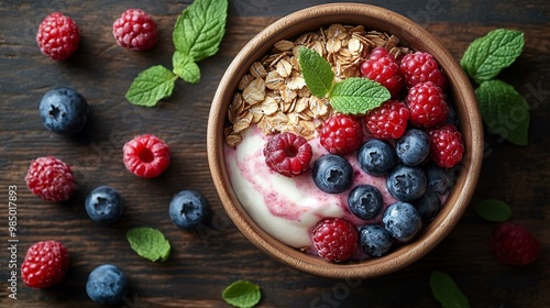 an Granola Bowl: Bowl of Granola, Yogurt, and Fresh Berries on a Wooden Table