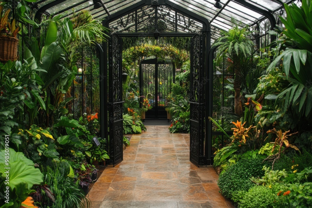 Victorian greenhouse filled with lush greenery and vibrant flowers showcasing classic design and serene garden atmosphere Victorian greenhouse filled with lush greenery and vibrant flowers showcasing classic design and serene garden atmosphere