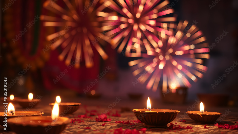 A rich, colorful background featuring with glowing diyas, and a burst of fireworks. A rich, colorful background featuring with glowing diyas, and a burst of fireworks.